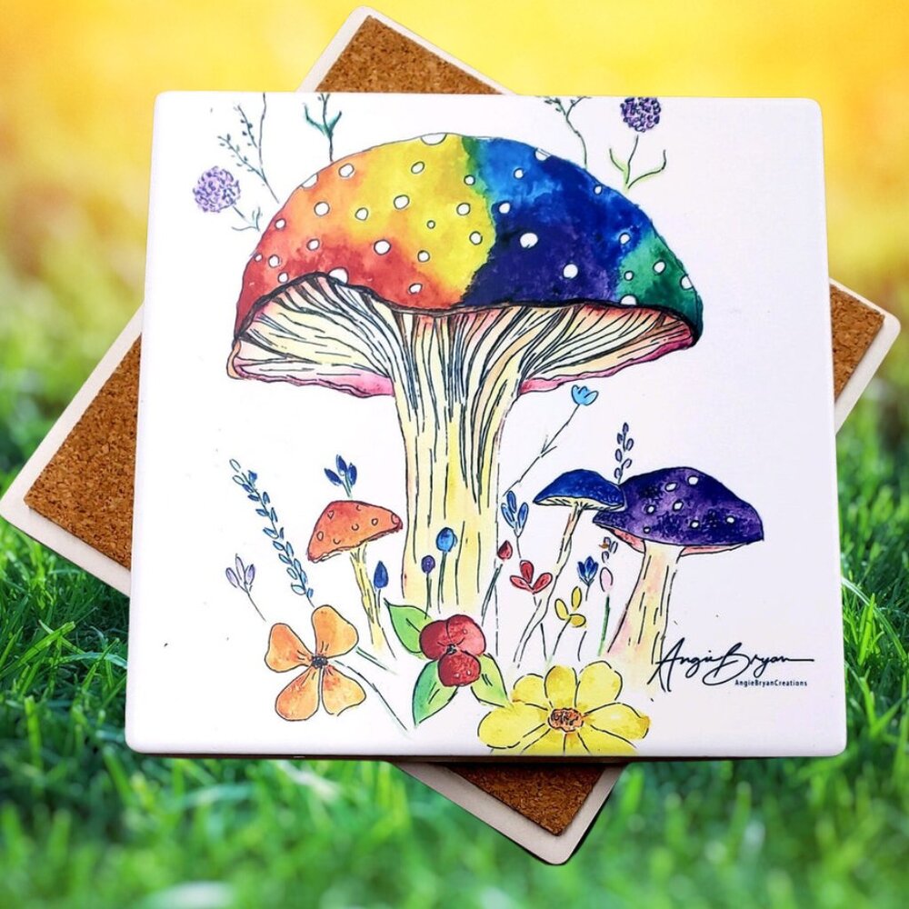 Colorful Mushroom Sandstone Coaster by Angie Bryan of Angie Bryan Creations